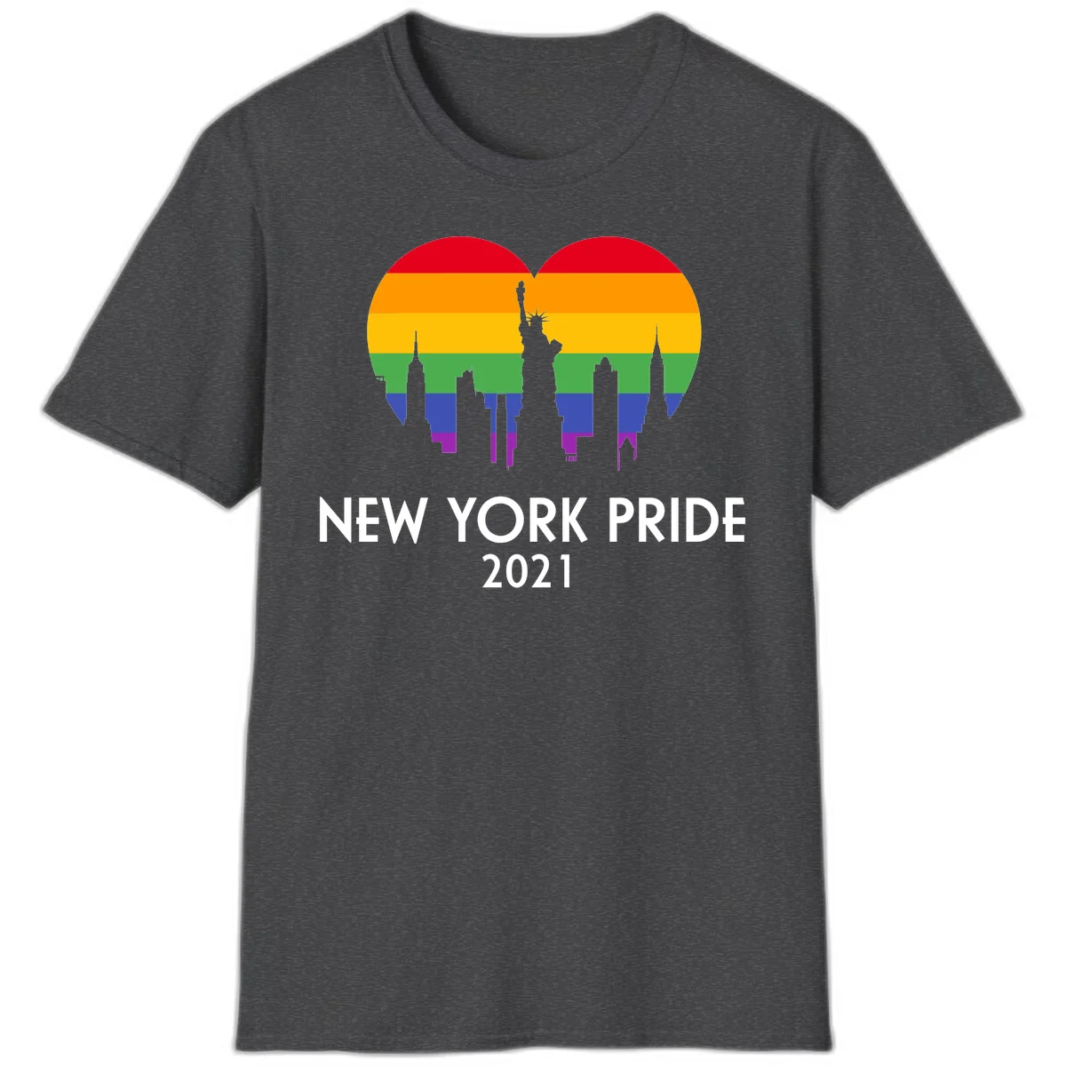 New York Pride 2021 design featuring Statue of Liberty and NYC skyline silhouettes overlaid with rainbow pride flag stripes in Dark Heather