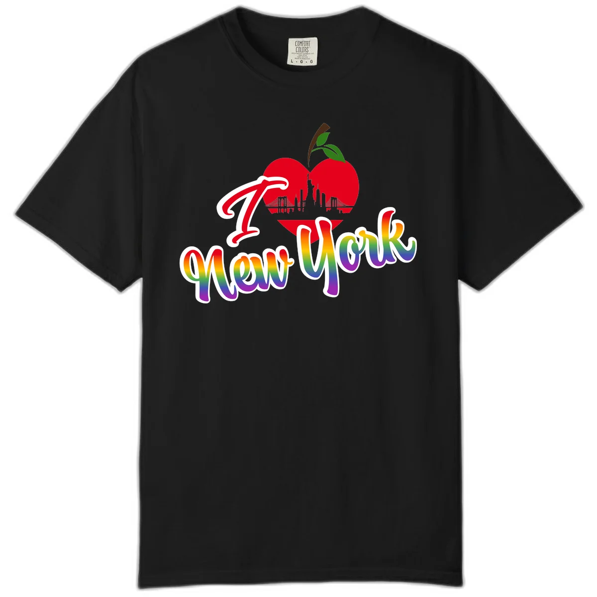 I Love New York Pride design featuring red apple with NYC skyline and rainbow gradient text celebrating LGBTQ+ pride in Black