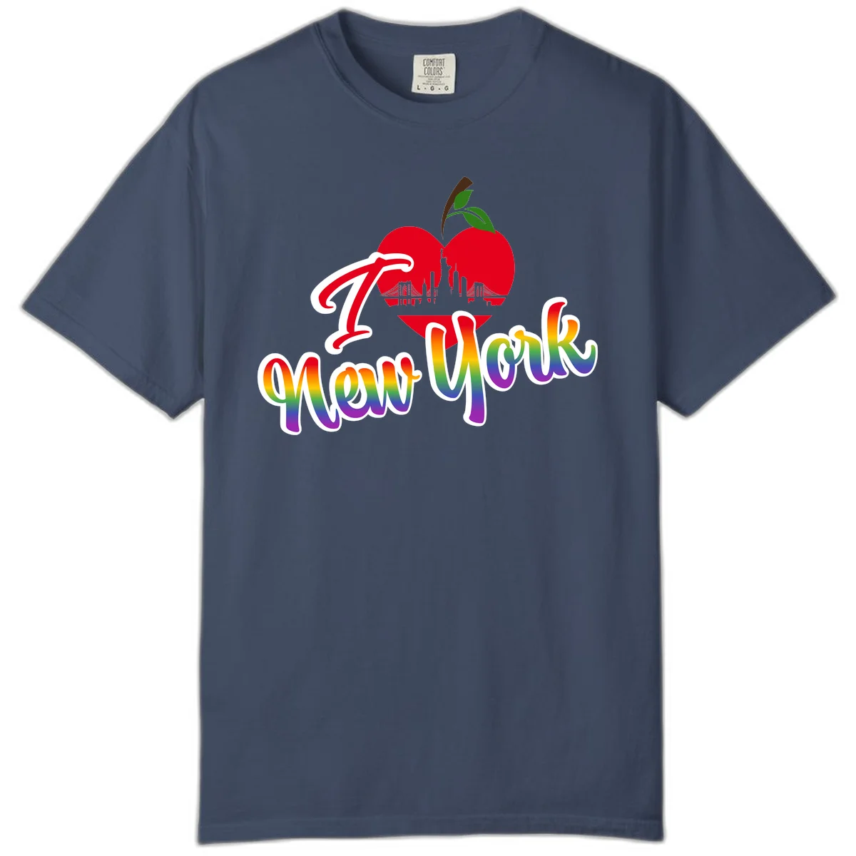 I Love New York Pride design featuring red apple with NYC skyline and rainbow gradient text celebrating LGBTQ+ pride in Midnight