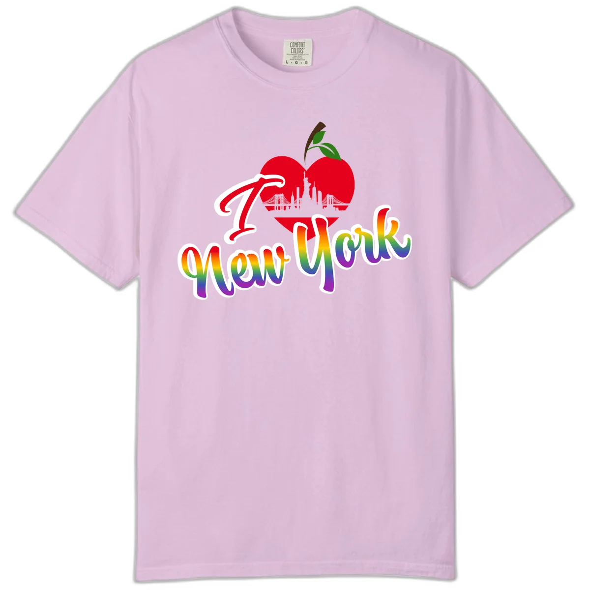 I Love New York Pride design featuring red apple with NYC skyline and rainbow gradient text celebrating LGBTQ+ pride in Orchid