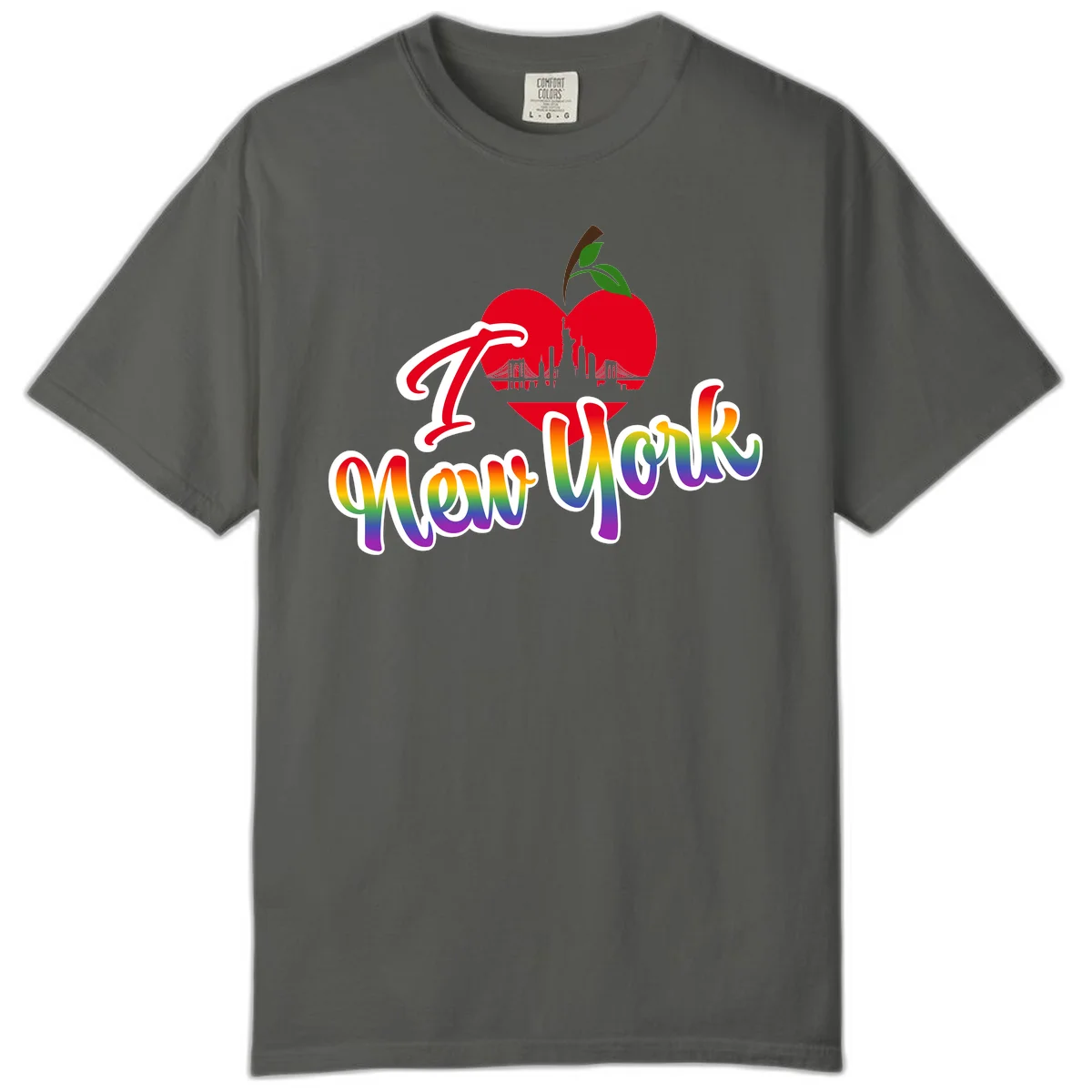 I Love New York Pride design featuring red apple with NYC skyline and rainbow gradient text celebrating LGBTQ+ pride in Pepper