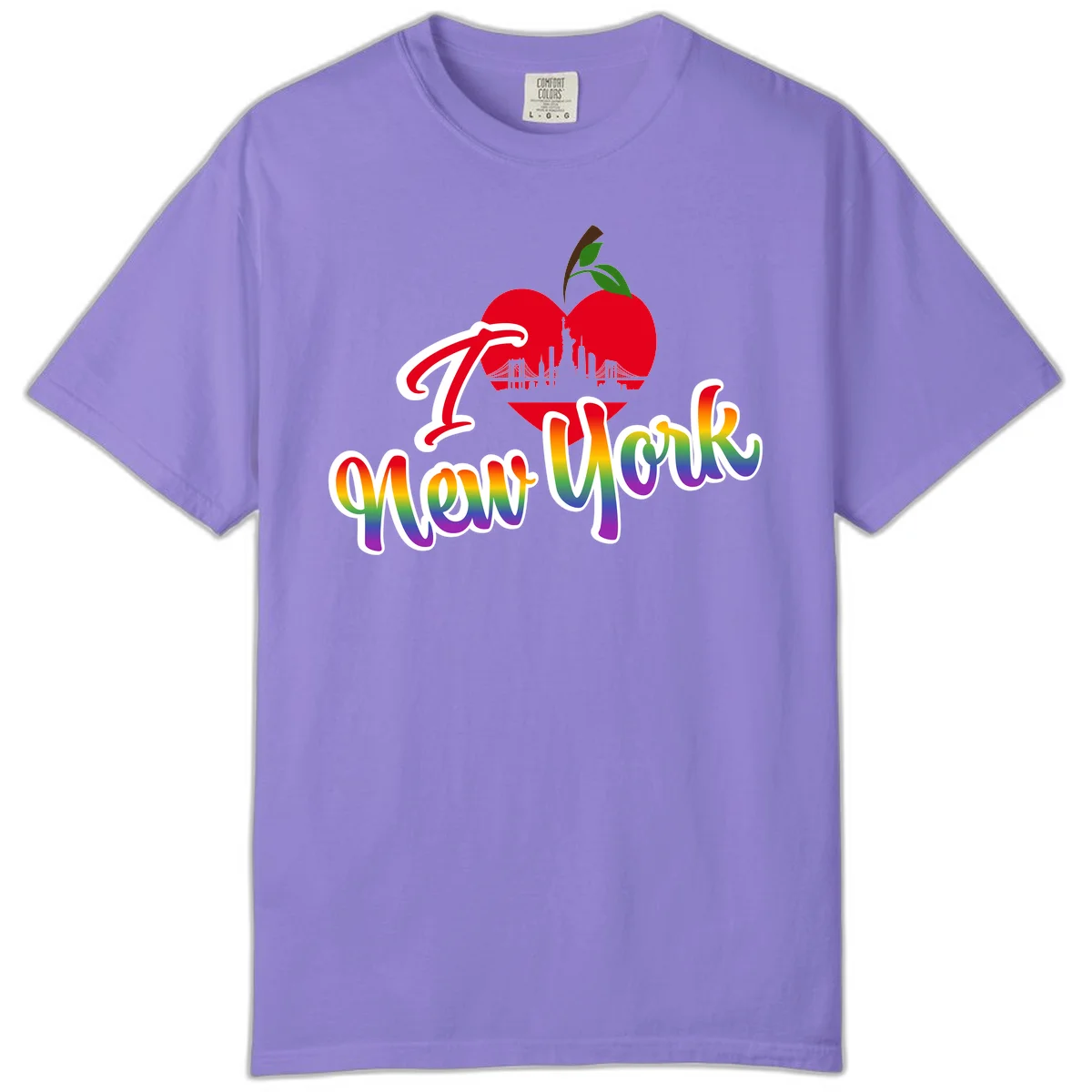 I Love New York Pride design featuring red apple with NYC skyline and rainbow gradient text celebrating LGBTQ+ pride in Violet