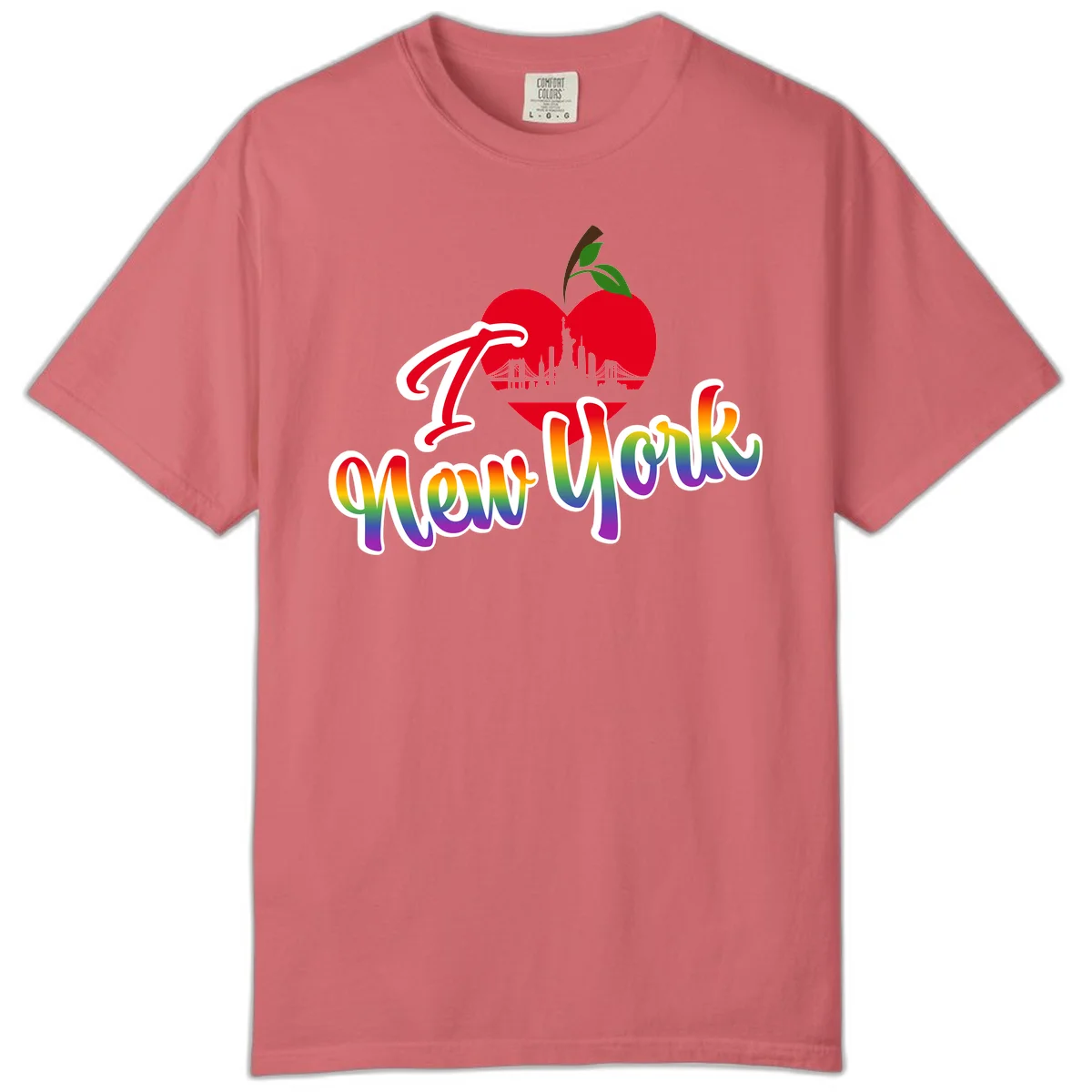 I Love New York Pride design featuring red apple with NYC skyline and rainbow gradient text celebrating LGBTQ+ pride in Watermelon