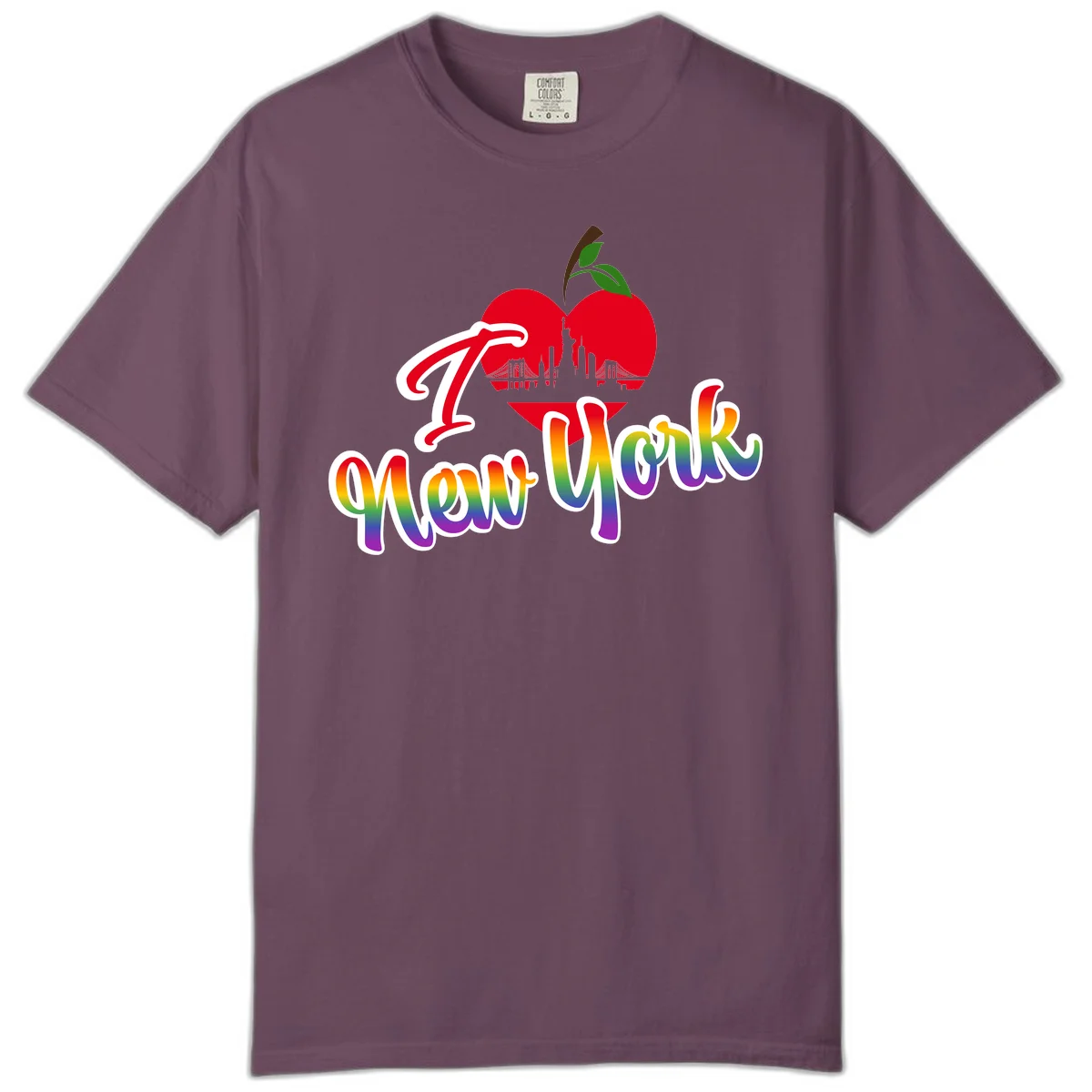 I Love New York Pride design featuring red apple with NYC skyline and rainbow gradient text celebrating LGBTQ+ pride in Berry