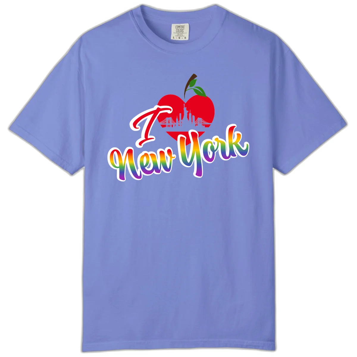 I Love New York Pride design featuring red apple with NYC skyline and rainbow gradient text celebrating LGBTQ+ pride in Flo Blue