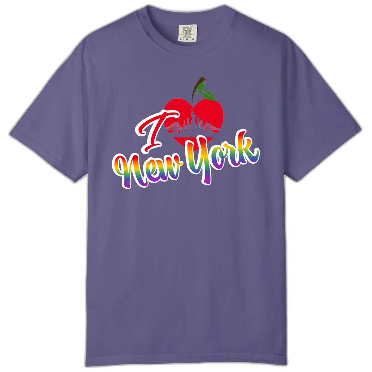 I Love New York Pride design featuring red apple with NYC skyline and rainbow gradient text celebrating LGBTQ+ pride in Grape
