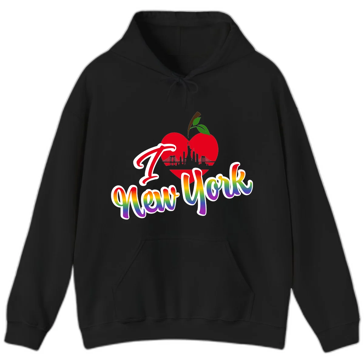 I Love New York Pride design featuring red apple with NYC skyline and rainbow gradient text celebrating LGBTQ+ pride in Black