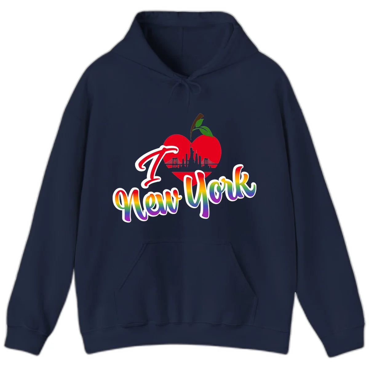 I Love New York Pride design featuring red apple with NYC skyline and rainbow gradient text celebrating LGBTQ+ pride in Navy