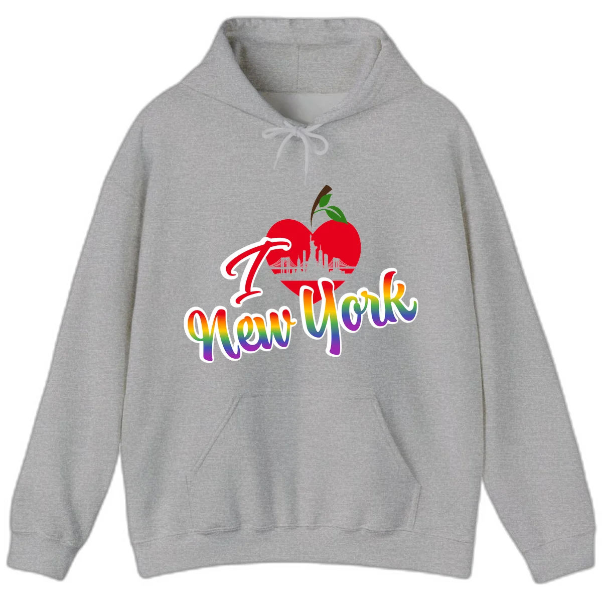 I Love New York Pride design featuring red apple with NYC skyline and rainbow gradient text celebrating LGBTQ+ pride in Sport Grey