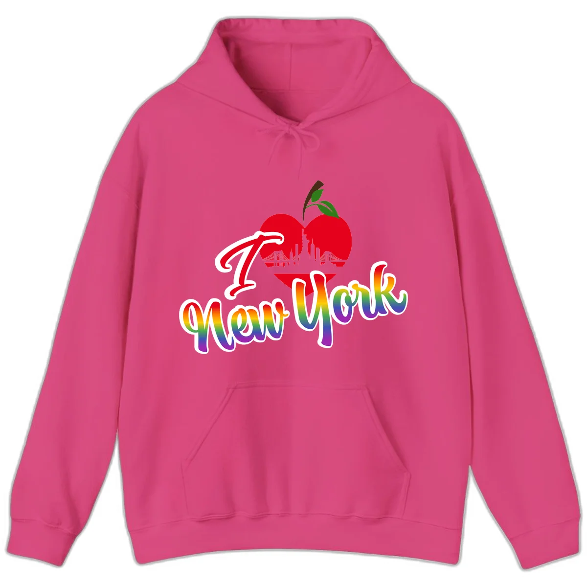 I Love New York Pride design featuring red apple with NYC skyline and rainbow gradient text celebrating LGBTQ+ pride in Heliconia