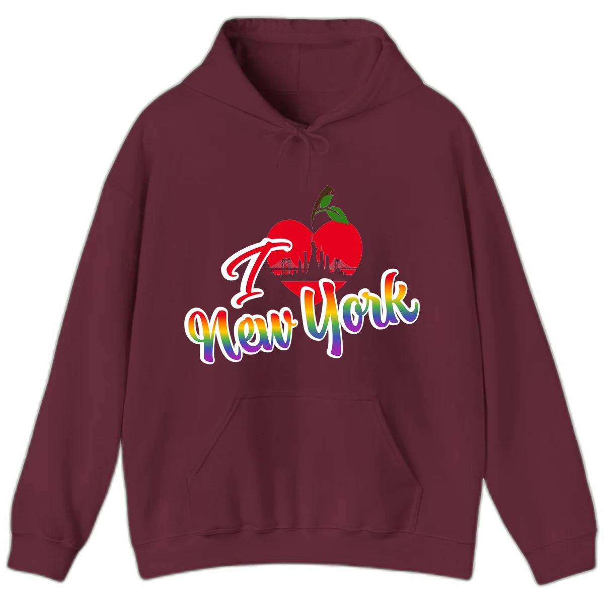 I Love New York Pride design featuring red apple with NYC skyline and rainbow gradient text celebrating LGBTQ+ pride in Maroon