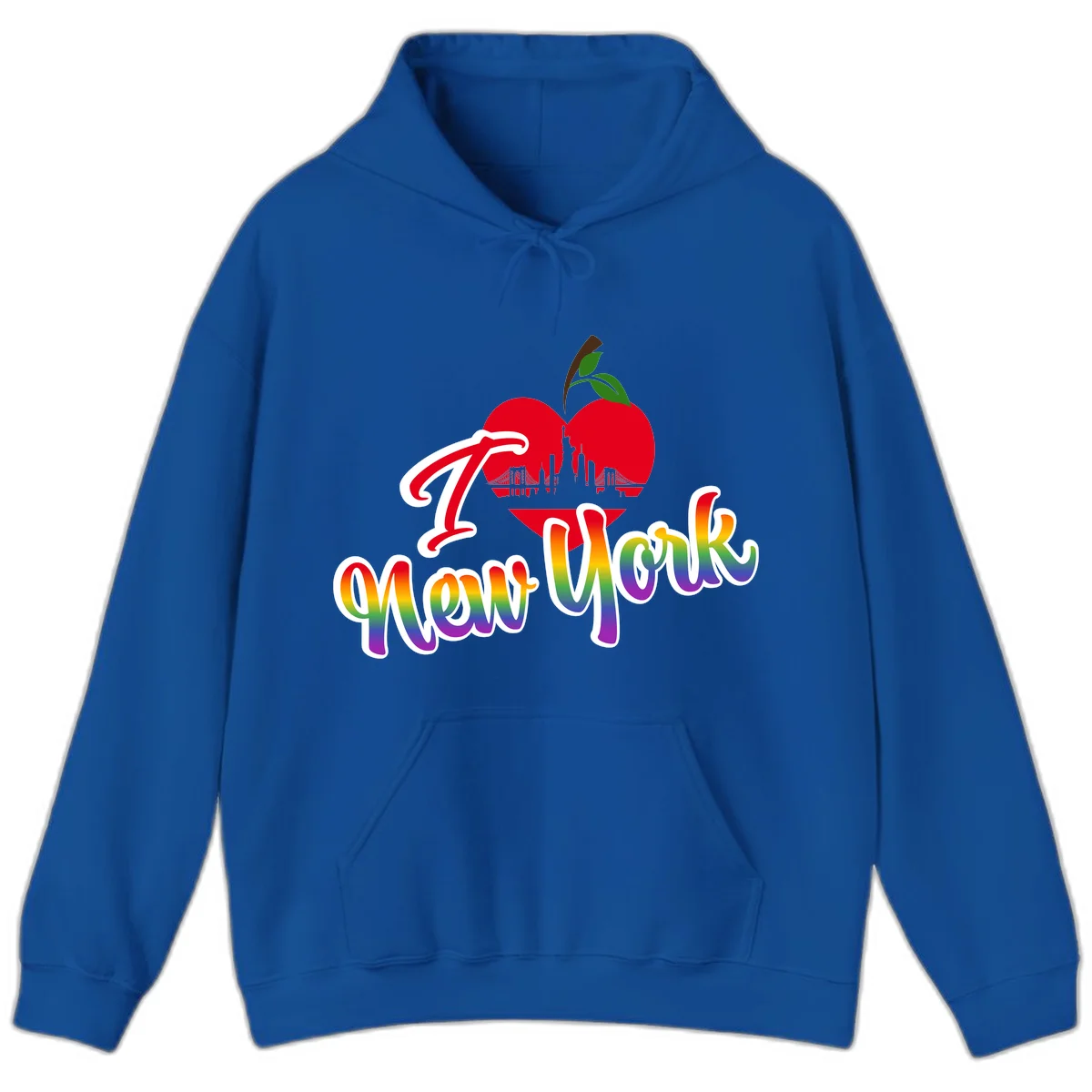I Love New York Pride design featuring red apple with NYC skyline and rainbow gradient text celebrating LGBTQ+ pride in Royal
