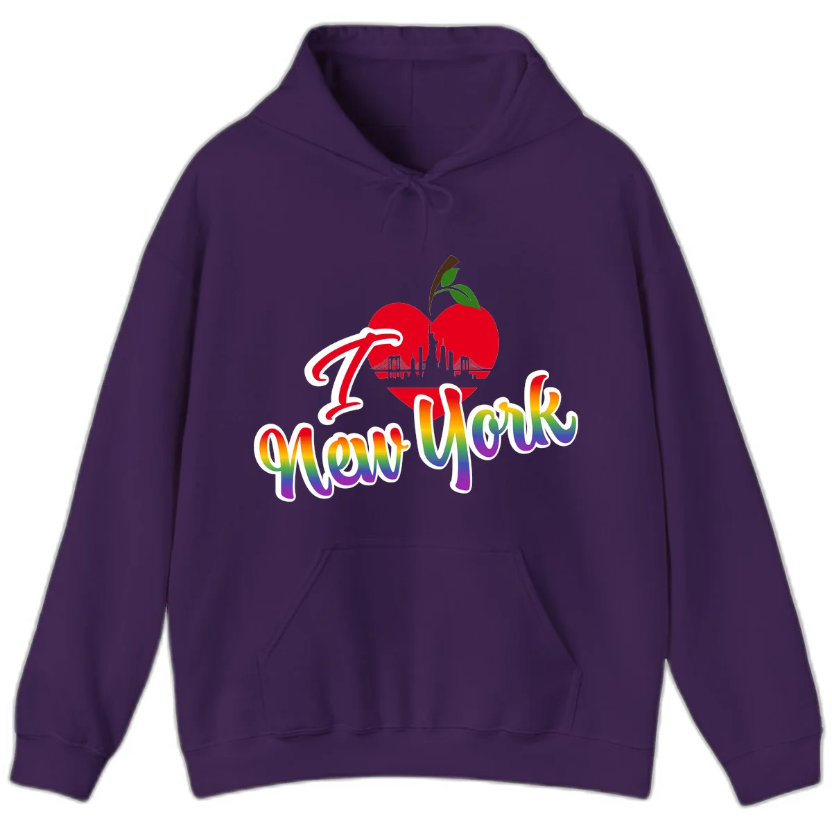 I Love New York Pride design featuring red apple with NYC skyline and rainbow gradient text celebrating LGBTQ+ pride in Purple