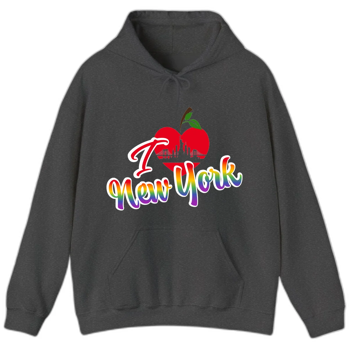 I Love New York Pride design featuring red apple with NYC skyline and rainbow gradient text celebrating LGBTQ+ pride in Dark Heather