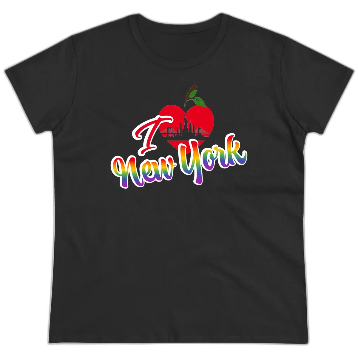 I Love New York Pride design featuring red apple with NYC skyline and rainbow gradient text celebrating LGBTQ+ pride in Black