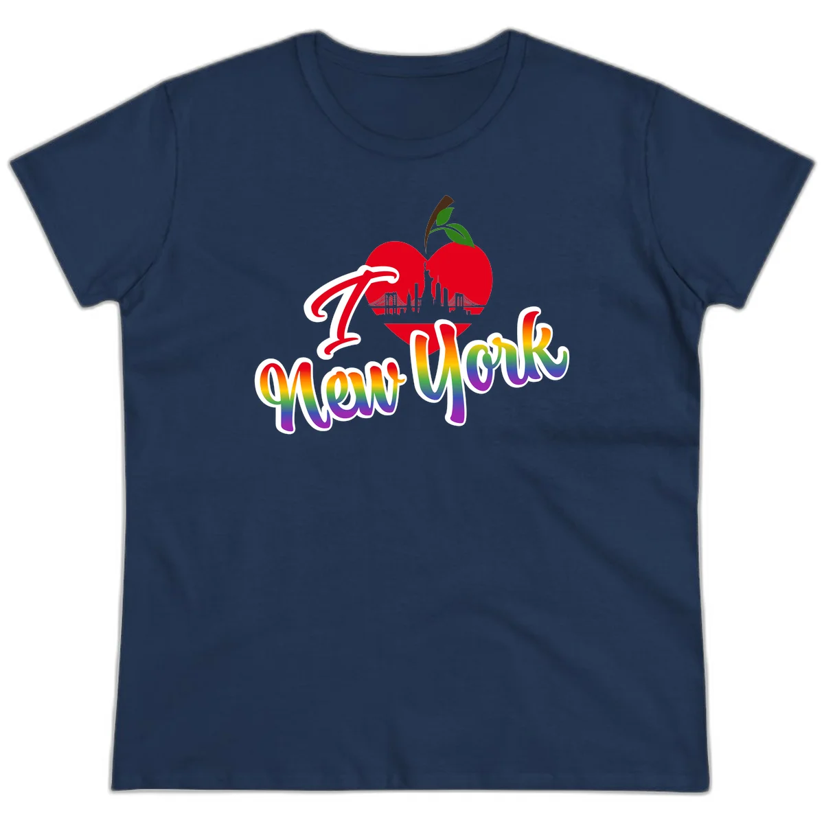 I Love New York Pride design featuring red apple with NYC skyline and rainbow gradient text celebrating LGBTQ+ pride in Navy
