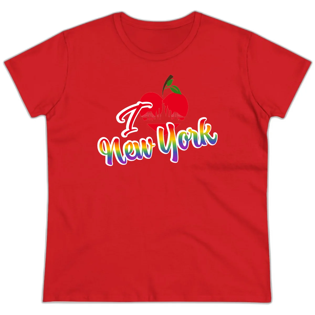 I Love New York Pride design featuring red apple with NYC skyline and rainbow gradient text celebrating LGBTQ+ pride in Red