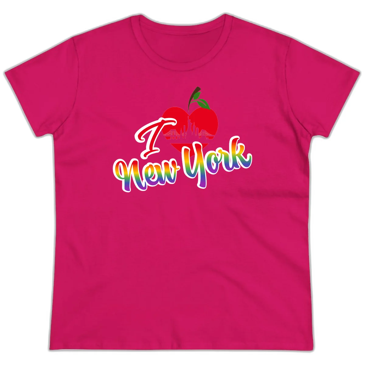 I Love New York Pride design featuring red apple with NYC skyline and rainbow gradient text celebrating LGBTQ+ pride in Heliconia