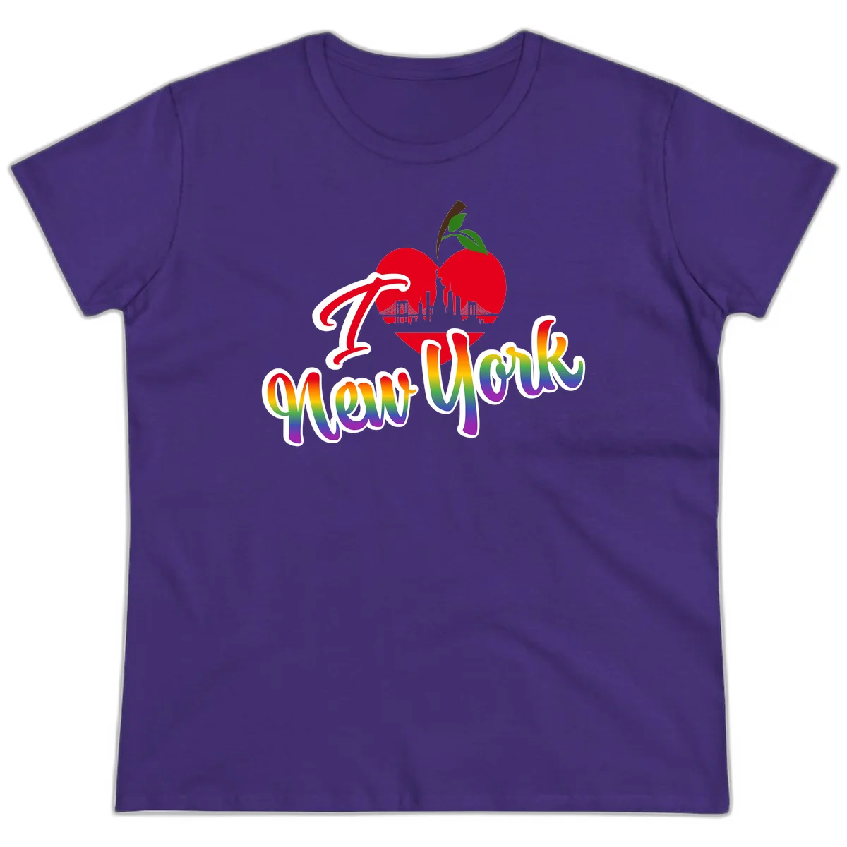 I Love New York Pride design featuring red apple with NYC skyline and rainbow gradient text celebrating LGBTQ+ pride in Purple