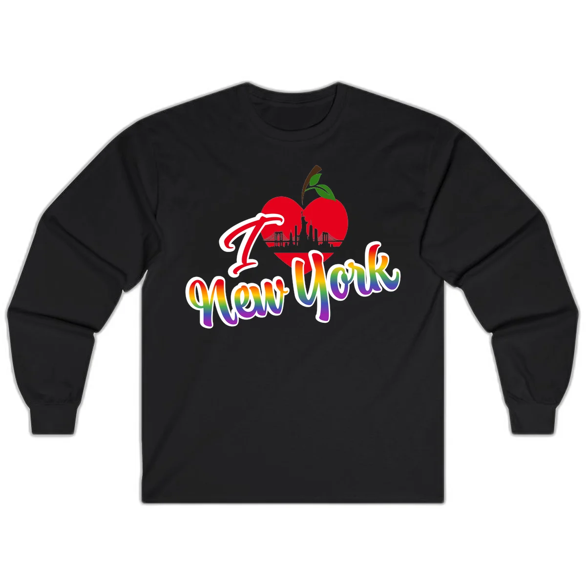 I Love New York Pride design featuring red apple with NYC skyline and rainbow gradient text celebrating LGBTQ+ pride in Black