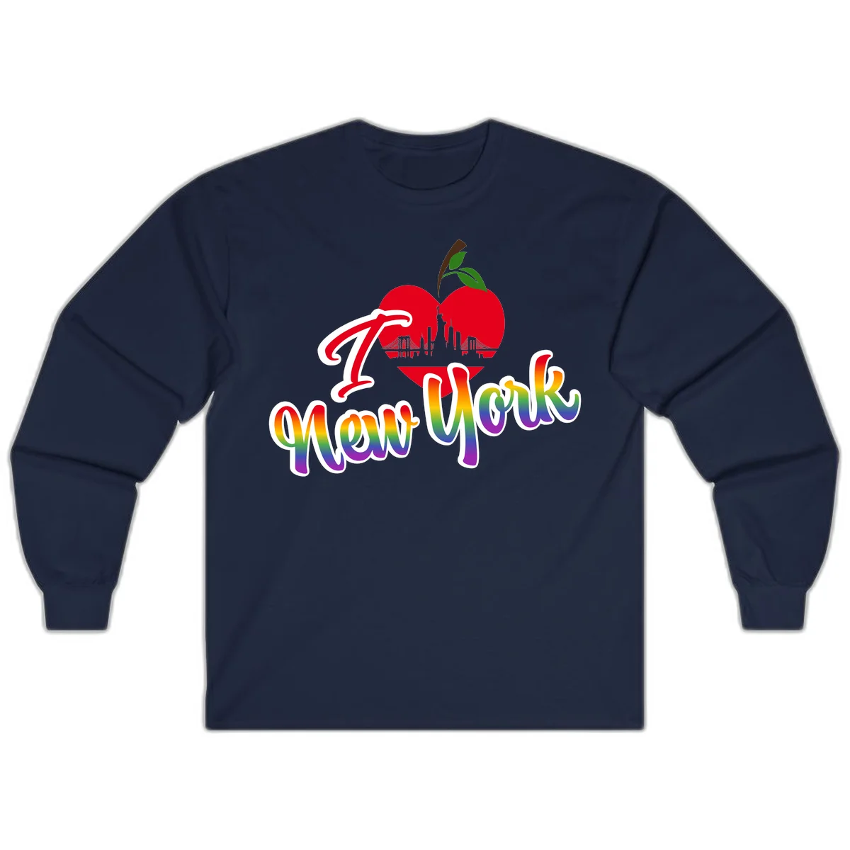 I Love New York Pride design featuring red apple with NYC skyline and rainbow gradient text celebrating LGBTQ+ pride in Navy