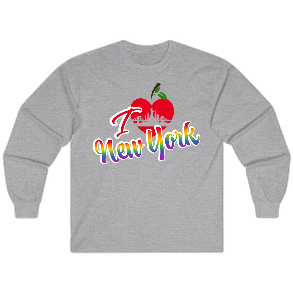I Love New York Pride design featuring red apple with NYC skyline and rainbow gradient text celebrating LGBTQ+ pride in Sport Grey