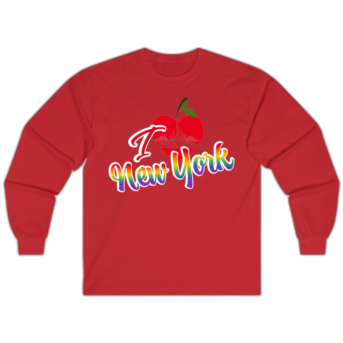I Love New York Pride design featuring red apple with NYC skyline and rainbow gradient text celebrating LGBTQ+ pride in Red