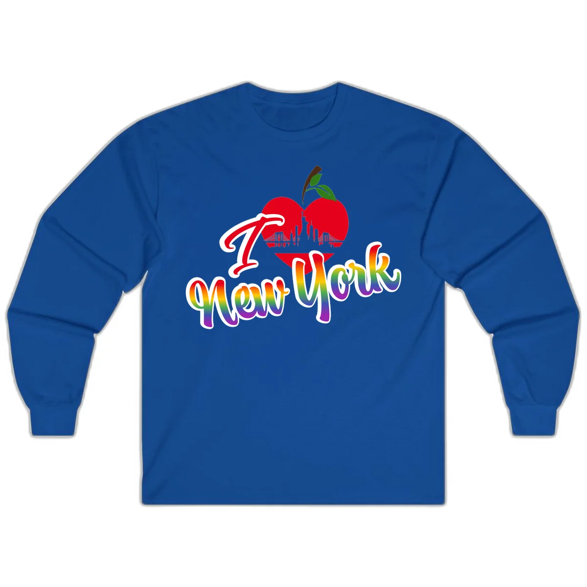 I Love New York Pride design featuring red apple with NYC skyline and rainbow gradient text celebrating LGBTQ+ pride in Royal