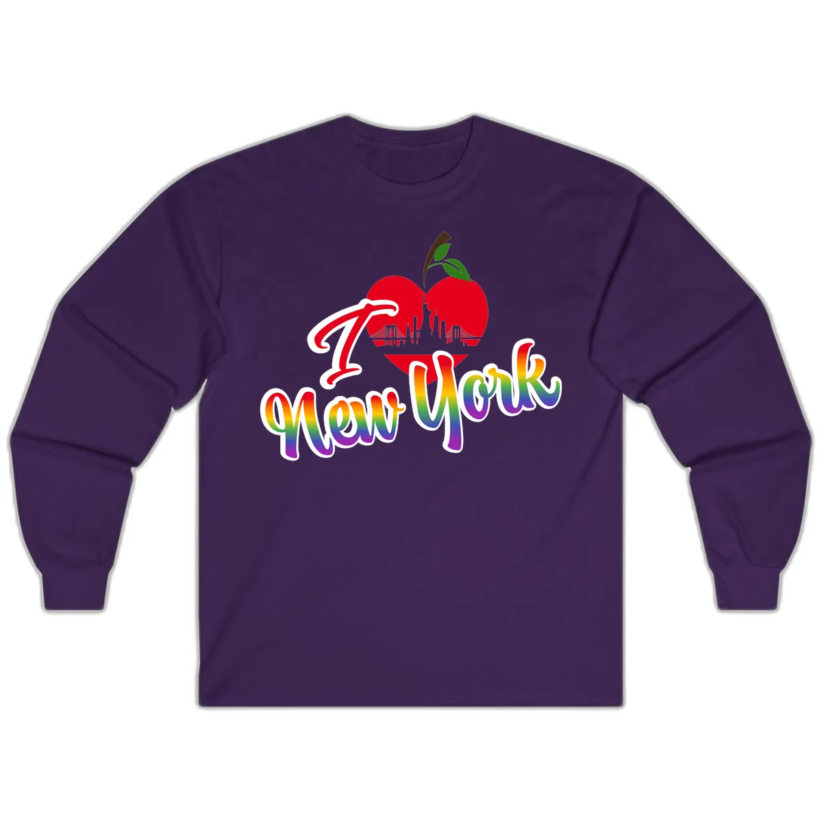 I Love New York Pride design featuring red apple with NYC skyline and rainbow gradient text celebrating LGBTQ+ pride in Purple