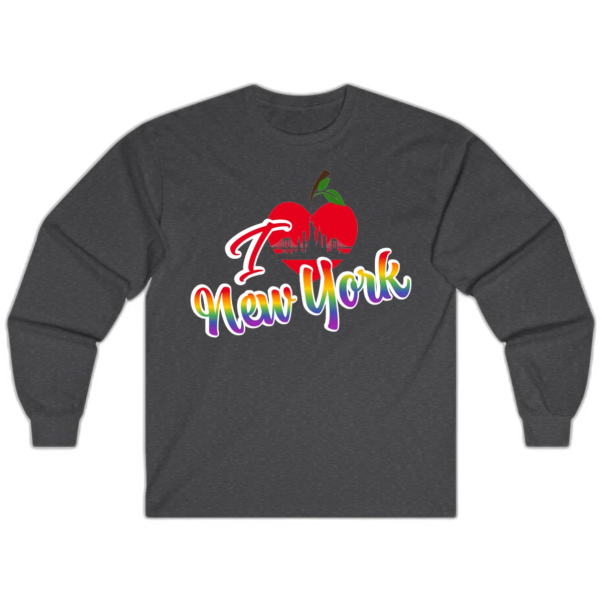 I Love New York Pride design featuring red apple with NYC skyline and rainbow gradient text celebrating LGBTQ+ pride in Dark Heather