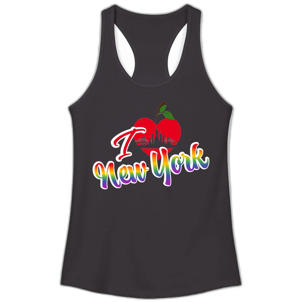 I Love New York Pride design featuring red apple with NYC skyline and rainbow gradient text celebrating LGBTQ+ pride in Black