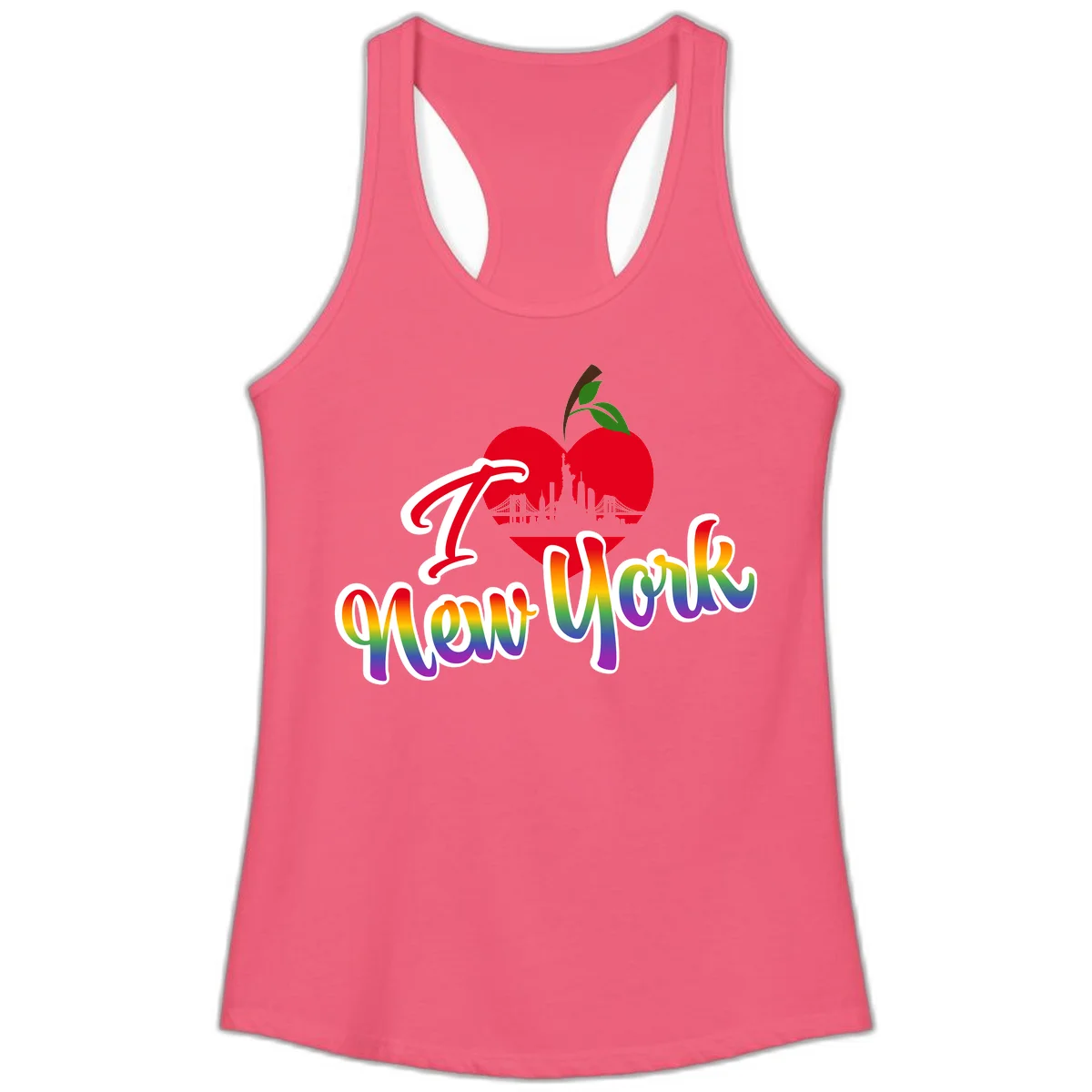I Love New York Pride design featuring red apple with NYC skyline and rainbow gradient text celebrating LGBTQ+ pride in Hot Pink