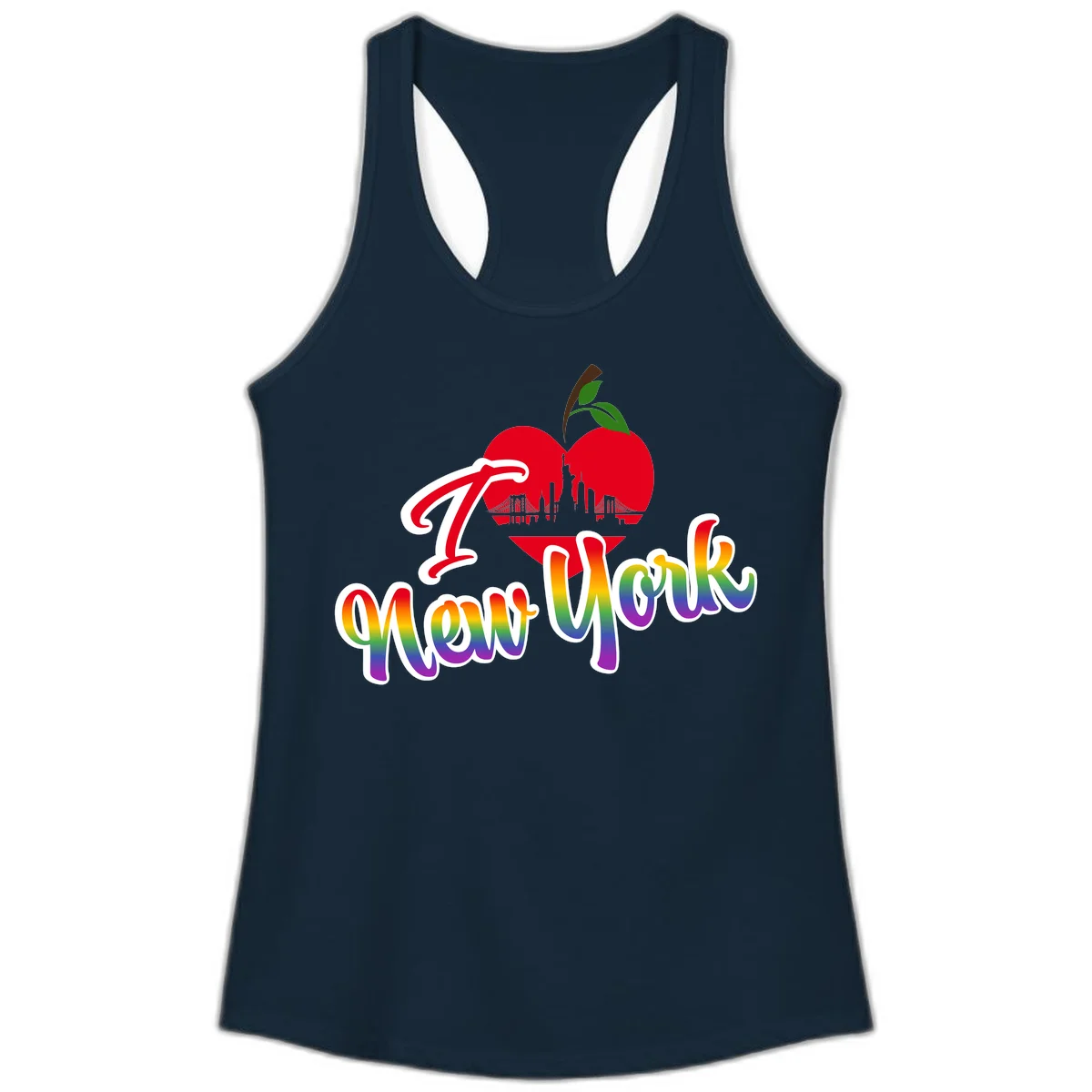 I Love New York Pride design featuring red apple with NYC skyline and rainbow gradient text celebrating LGBTQ+ pride in Solid Midnight Navy