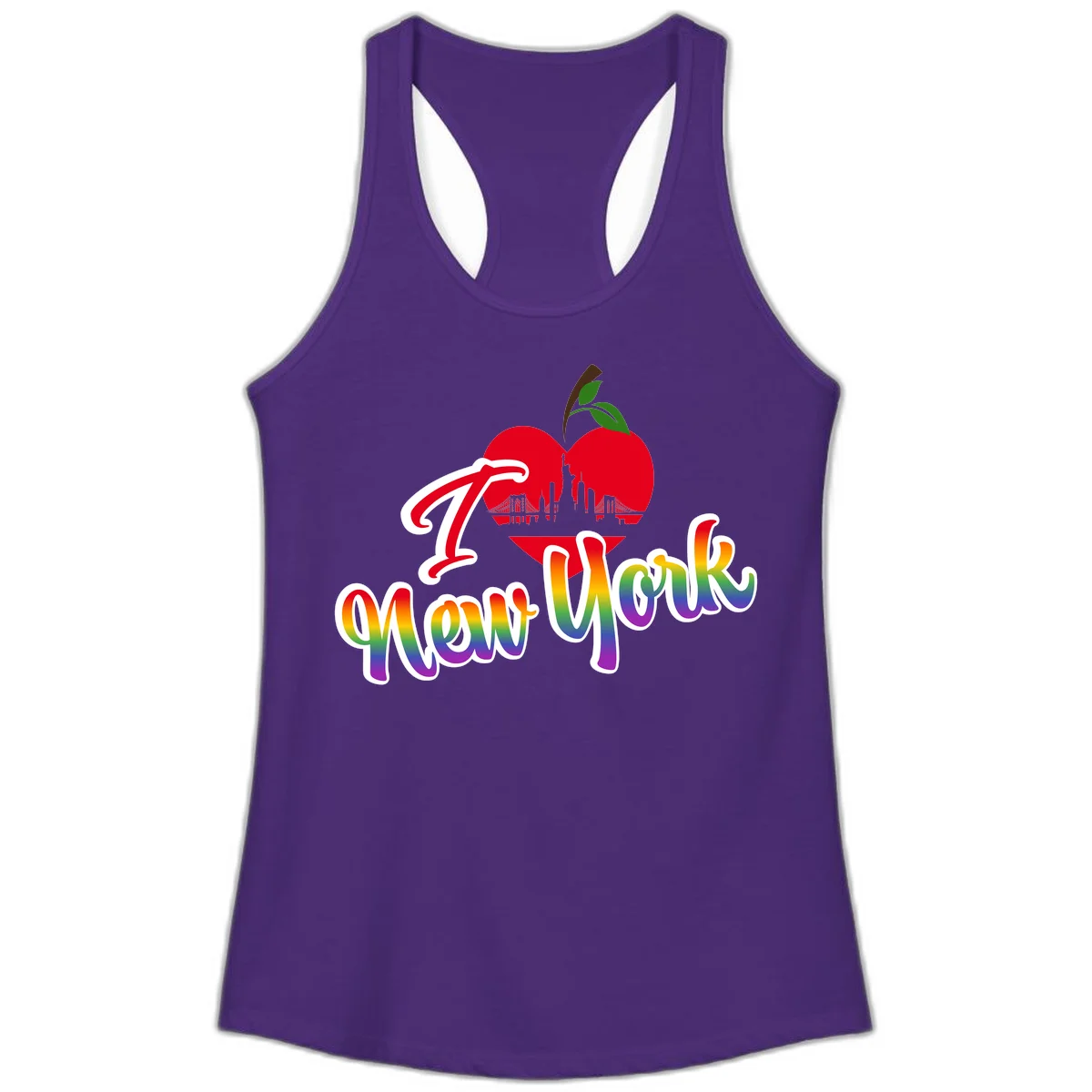 I Love New York Pride design featuring red apple with NYC skyline and rainbow gradient text celebrating LGBTQ+ pride in Solid Purple Rush