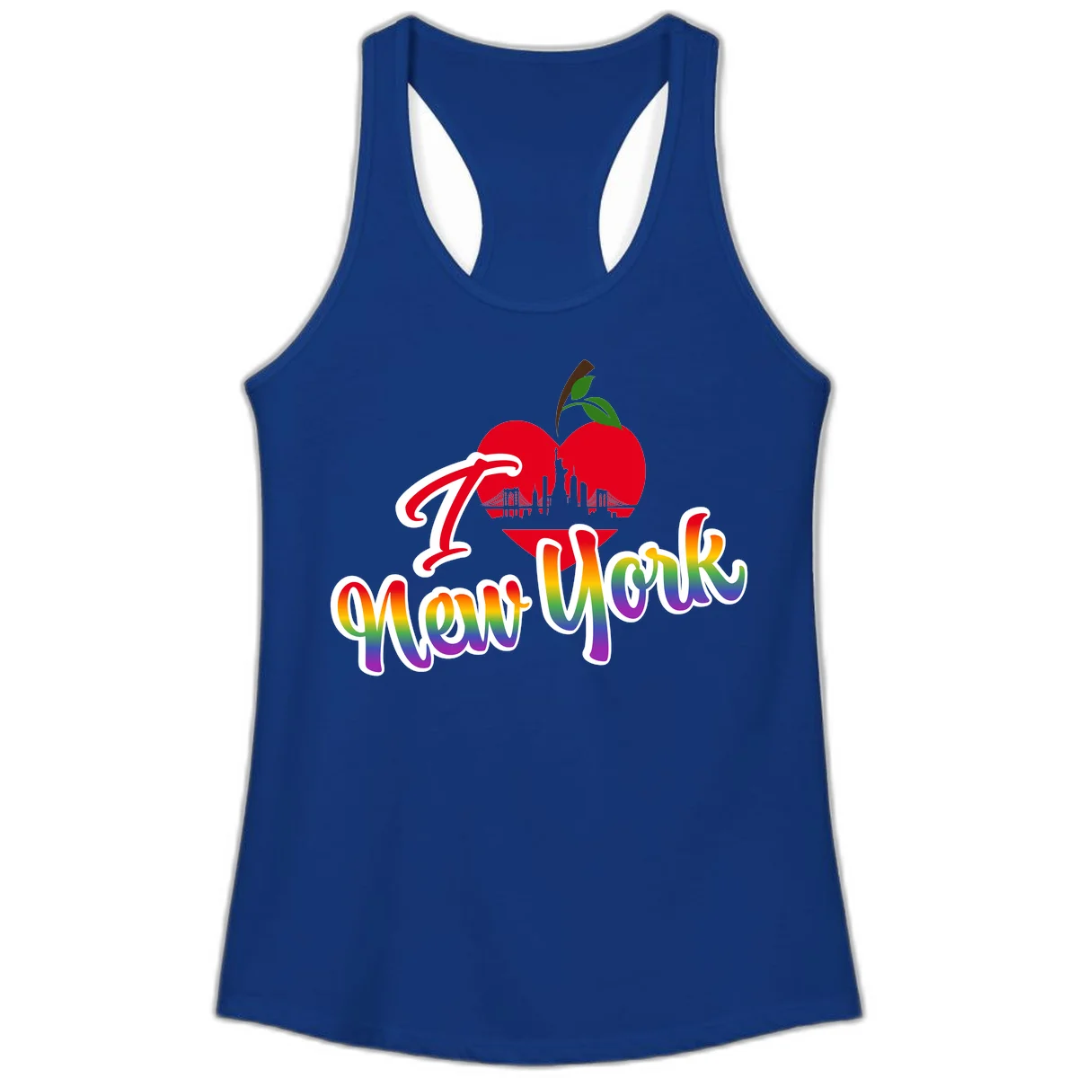 I Love New York Pride design featuring red apple with NYC skyline and rainbow gradient text celebrating LGBTQ+ pride in Solid Royal