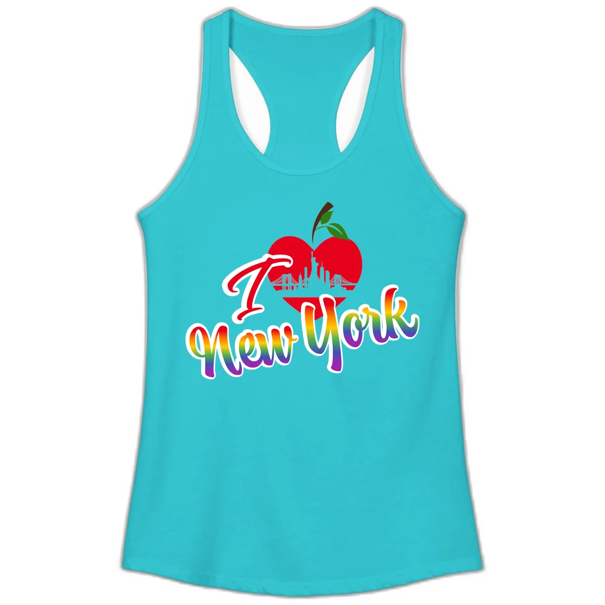 I Love New York Pride design featuring red apple with NYC skyline and rainbow gradient text celebrating LGBTQ+ pride in Solid Tahiti Blue