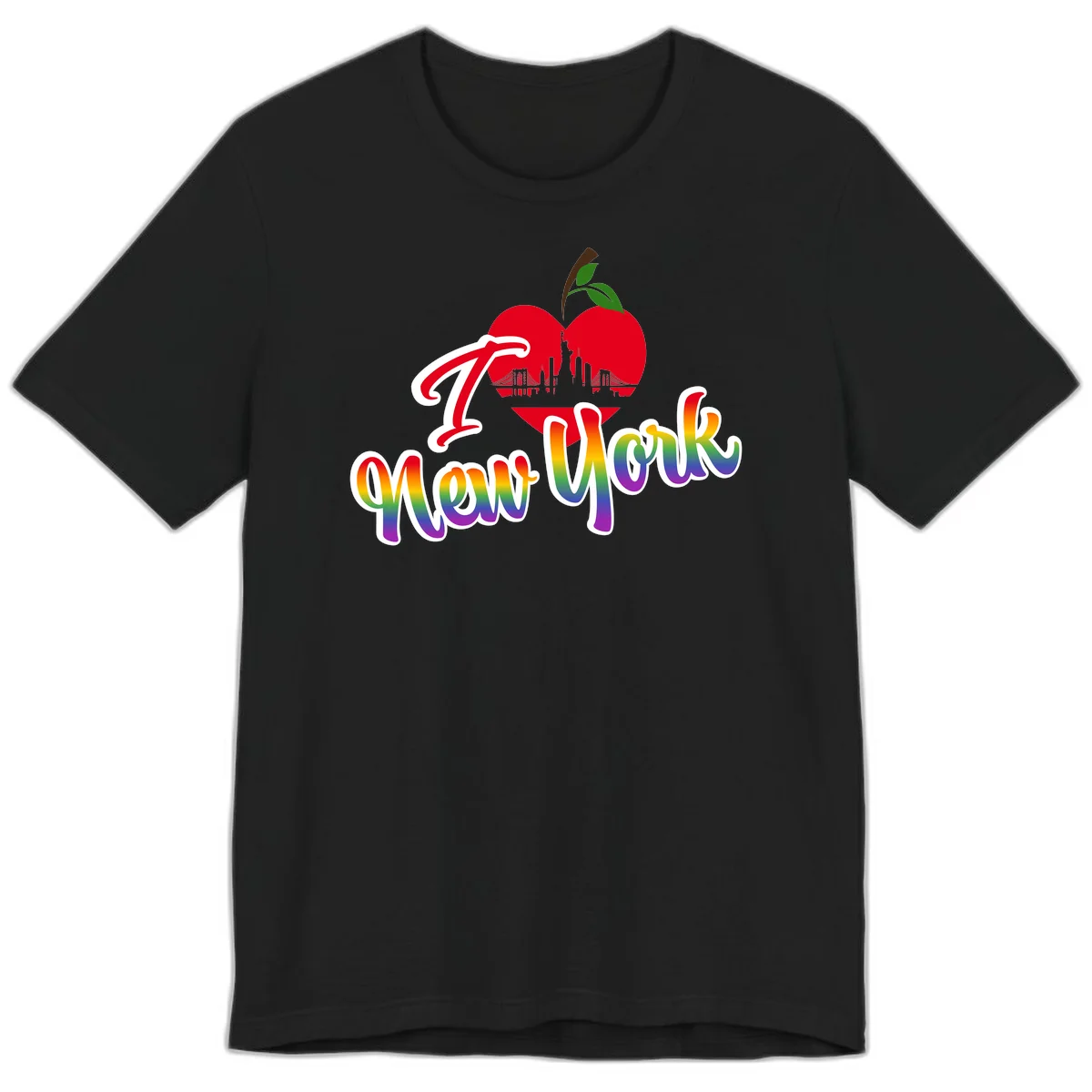 I Love New York Pride design featuring red apple with NYC skyline and rainbow gradient text celebrating LGBTQ+ pride in Black