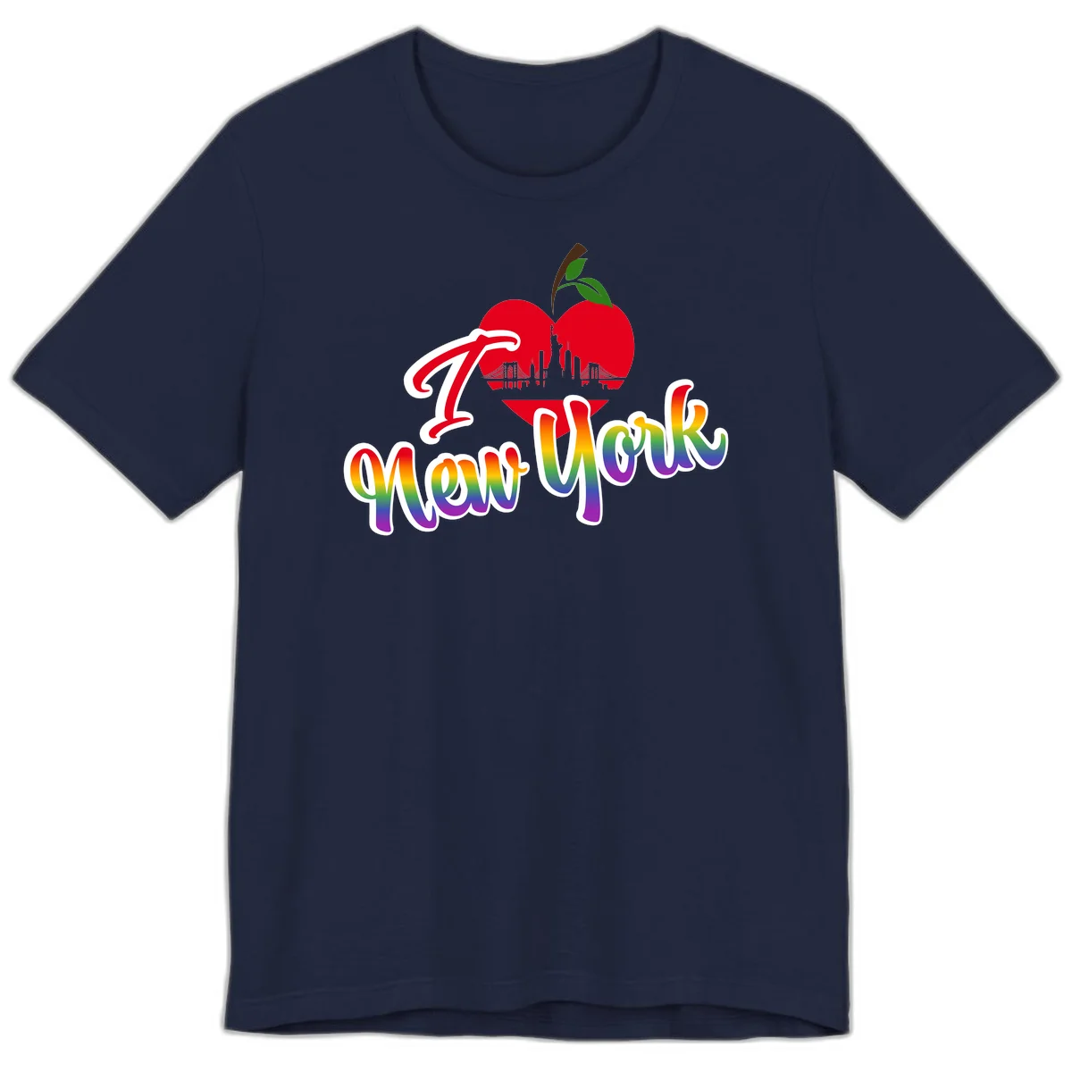 I Love New York Pride design featuring red apple with NYC skyline and rainbow gradient text celebrating LGBTQ+ pride in Navy