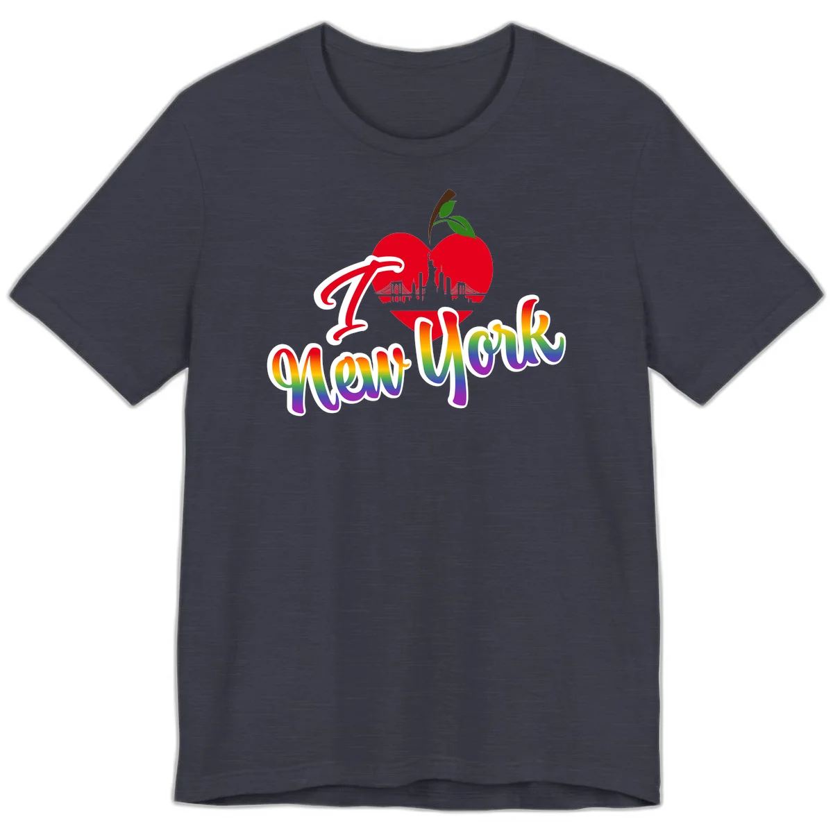 I Love New York Pride design featuring red apple with NYC skyline and rainbow gradient text celebrating LGBTQ+ pride in Heather Midnight Navy