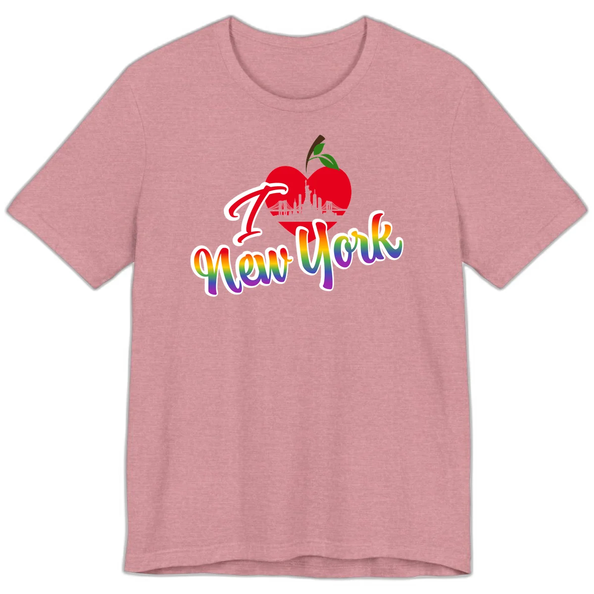 I Love New York Pride design featuring red apple with NYC skyline and rainbow gradient text celebrating LGBTQ+ pride in Heather Orchid