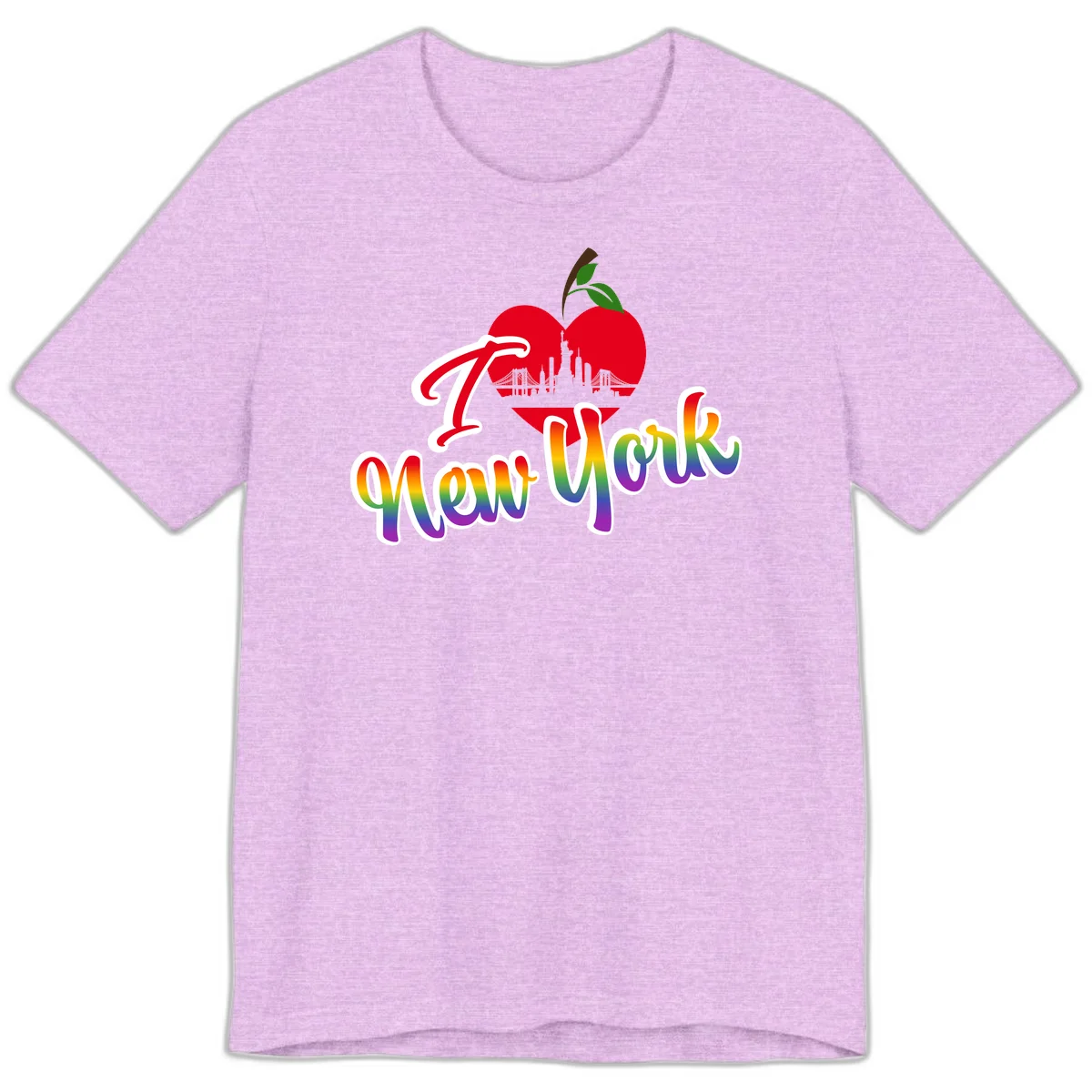 I Love New York Pride design featuring red apple with NYC skyline and rainbow gradient text celebrating LGBTQ+ pride in Heather Prism Lilac