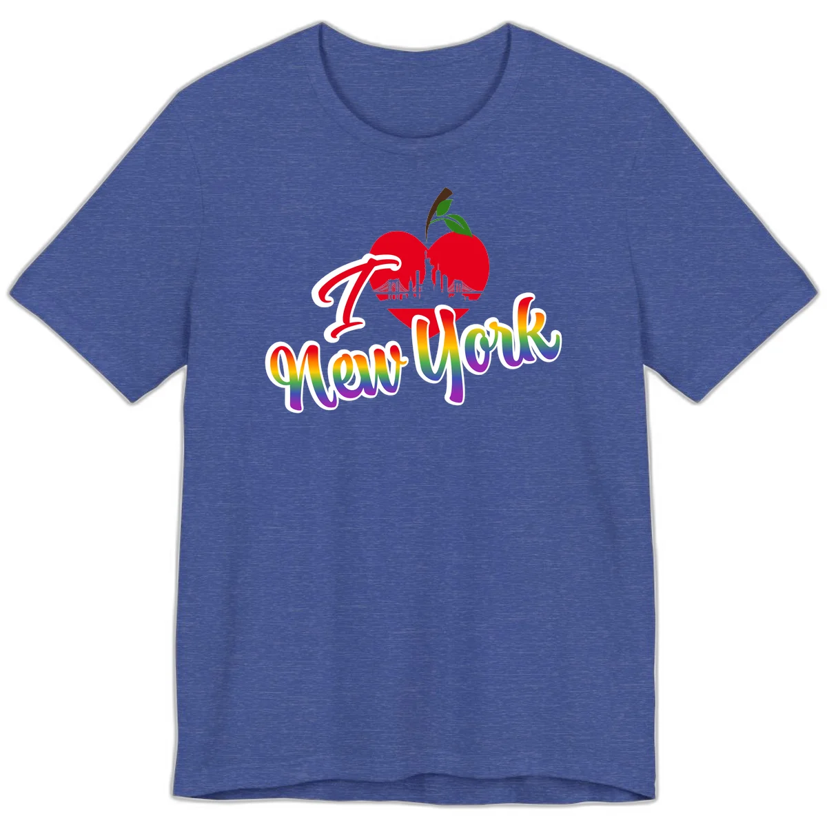 I Love New York Pride design featuring red apple with NYC skyline and rainbow gradient text celebrating LGBTQ+ pride in Heather True Royal
