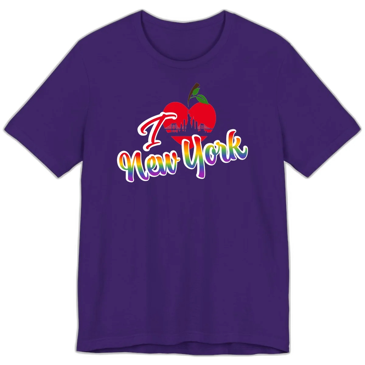 I Love New York Pride design featuring red apple with NYC skyline and rainbow gradient text celebrating LGBTQ+ pride in Team Purple