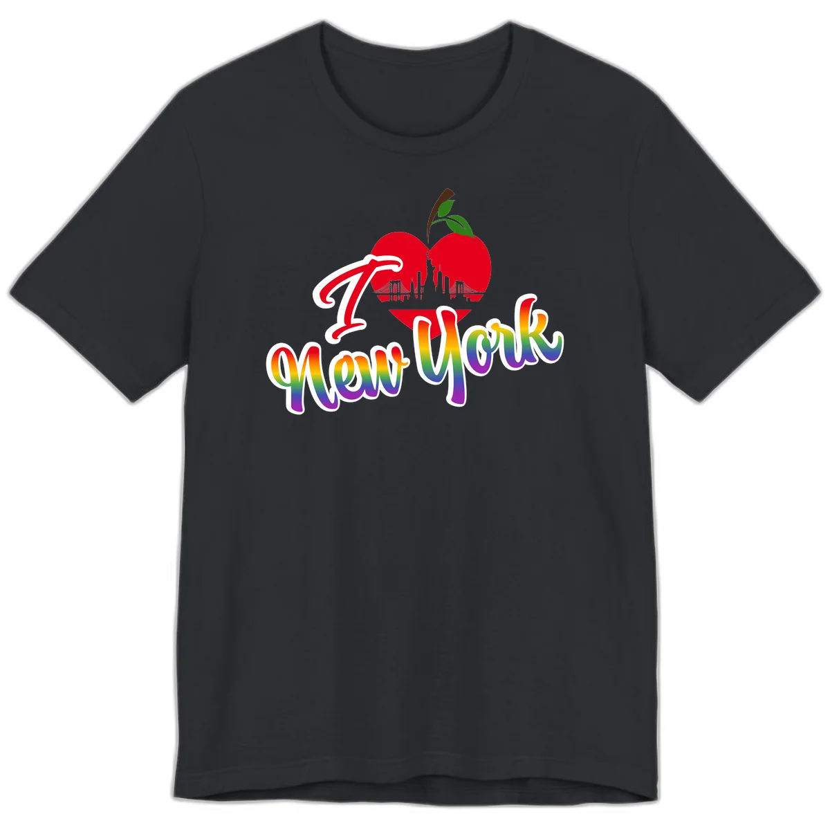 I Love New York Pride design featuring red apple with NYC skyline and rainbow gradient text celebrating LGBTQ+ pride in Vintage Black
