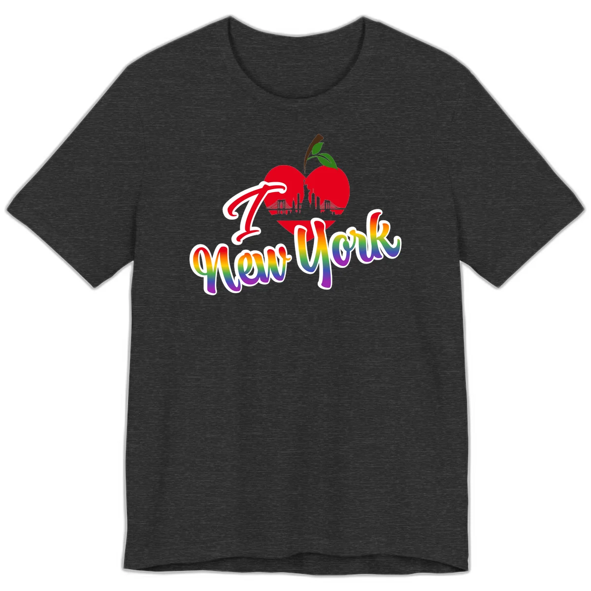 I Love New York Pride design featuring red apple with NYC skyline and rainbow gradient text celebrating LGBTQ+ pride in Dark Grey Heather
