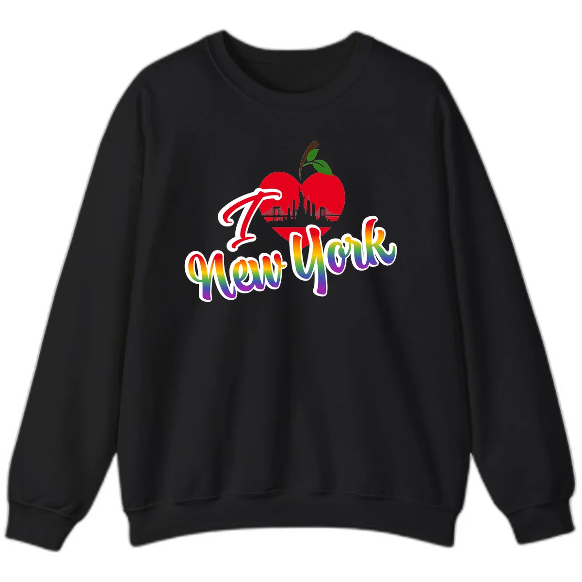 I Love New York Pride design featuring red apple with NYC skyline and rainbow gradient text celebrating LGBTQ+ pride in Black