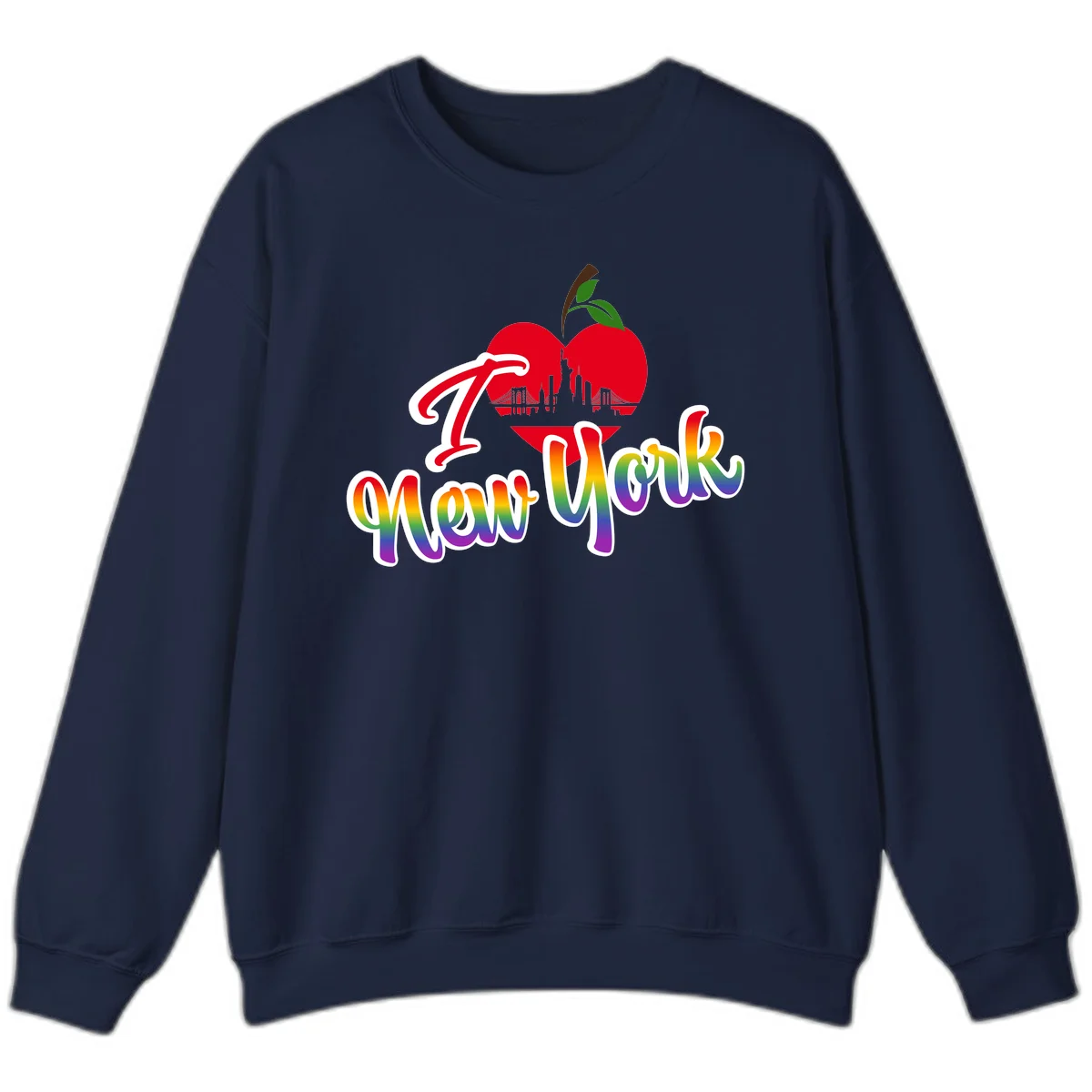 I Love New York Pride design featuring red apple with NYC skyline and rainbow gradient text celebrating LGBTQ+ pride in Navy