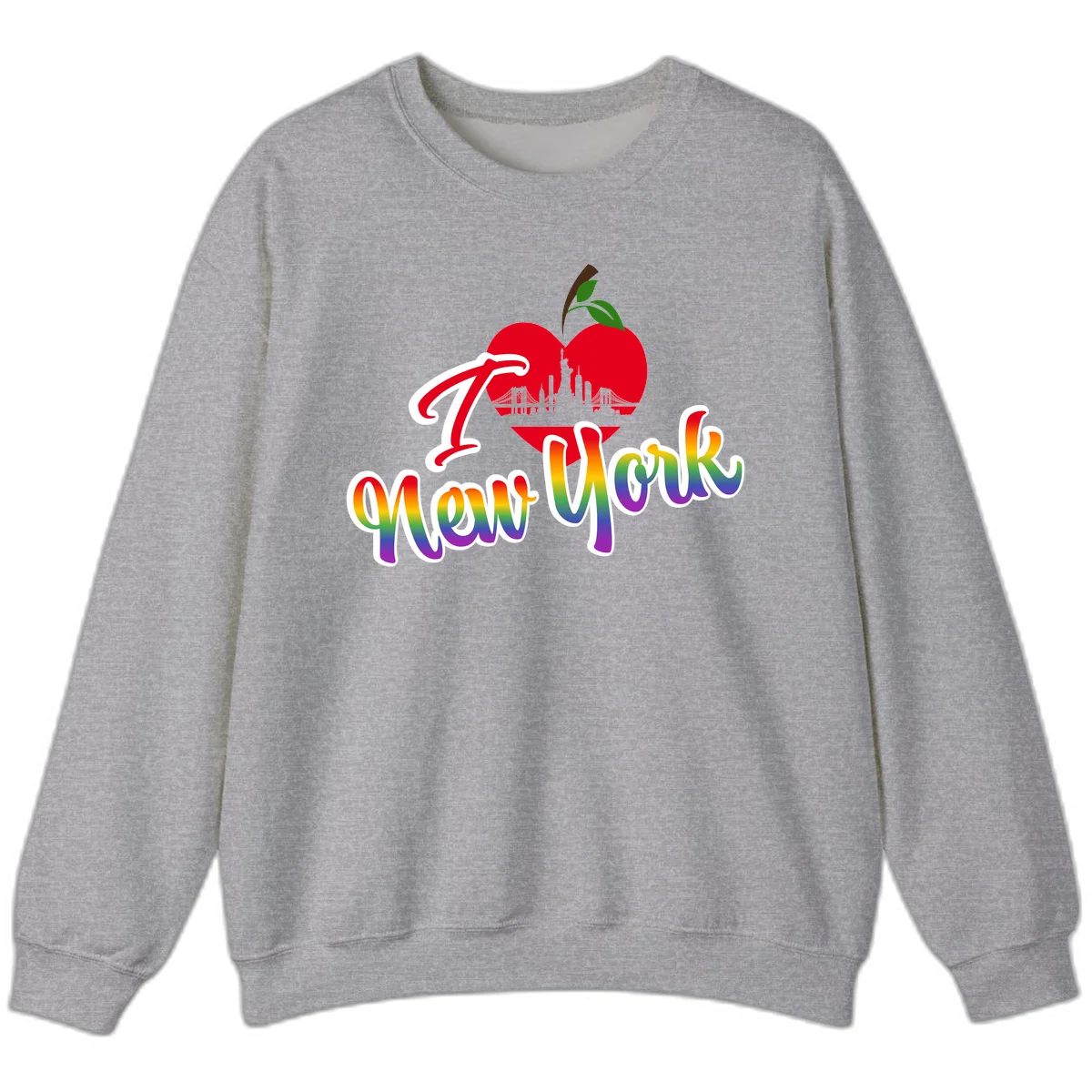 I Love New York Pride design featuring red apple with NYC skyline and rainbow gradient text celebrating LGBTQ+ pride in Sport Grey