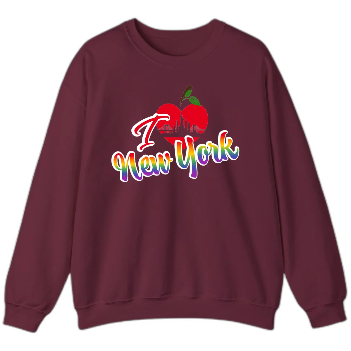 I Love New York Pride design featuring red apple with NYC skyline and rainbow gradient text celebrating LGBTQ+ pride in Maroon