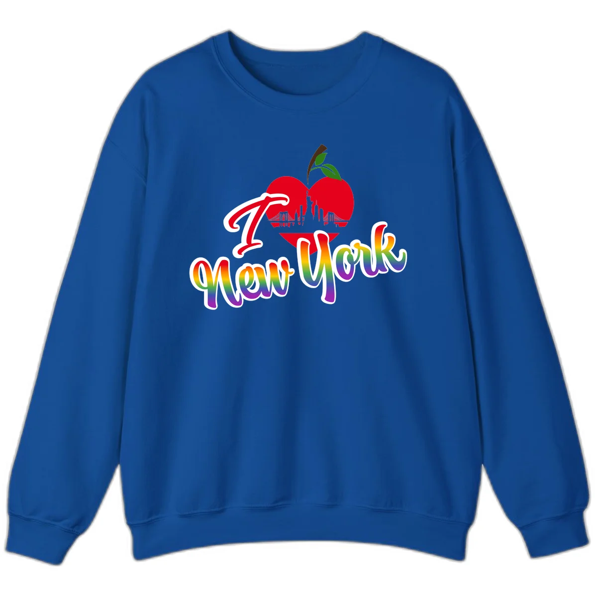 I Love New York Pride design featuring red apple with NYC skyline and rainbow gradient text celebrating LGBTQ+ pride in Royal